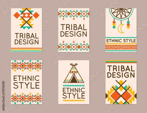 Native tribal posters. Brochure or presentation with ethnic patterns. Flyer or header banners with national print. Indian dream catcher and teepee. Vector indigenous style cards set