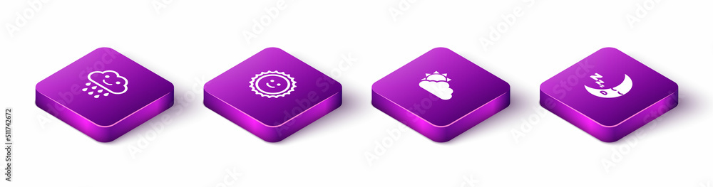 Set Isometric Cloud with rain, Sun, and cloud weather and Moon icon icon. Vector Set Isometric Cloud with rain, Sun, and cloud weather and Moon icon icon. Vector