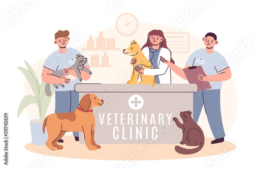 Veterinarian clinic. Vet hospital for animals. Dogs or cats treatment. Kitty and puppy on veterinary reception desk. Medicine for pets. Doctor examining fluffy patients. Vector background