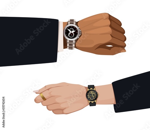 Hand with watch. Arm and wrist clock. Icon of hour and time. Male or female fist. Businessman's wristwatch. Timepiece with classic dial. Fashionable accessory. Flat vector illustration