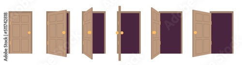 Door open or close. Sprite animation game house. 2D stage office room. Wood entrance. Sequence process steps. Interior doorway. Wooden entry. Architecture elements set. Vector concept