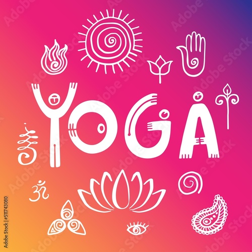 Yoga with buddhism signs poster concept. Yoga letters concept. Vector elements isolated on white for yoga studio poster, flyer, wallpapers.