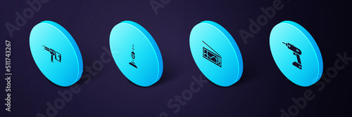 Set Isometric Electric cordless screwdriver, Radio, Vacuum cleaner and Rotary hammer drill machine icon. Vector