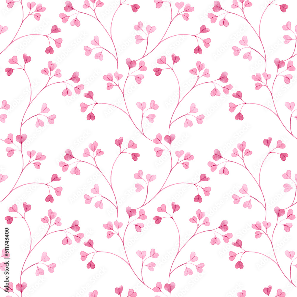 Watercolor seamless pattern with pink leaf twigs, small leaves on a white background. Botanical illustration for fabrics, dresses, interiors Watercolor seamless pattern with pink leaf twigs, small leaves on a white background. Botanical illustration for fabrics, dresses, interiors