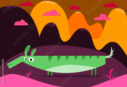 Funny stylized green crocodile cartoon character on a colorful landscape - vector illustration  (ID: 511743483)