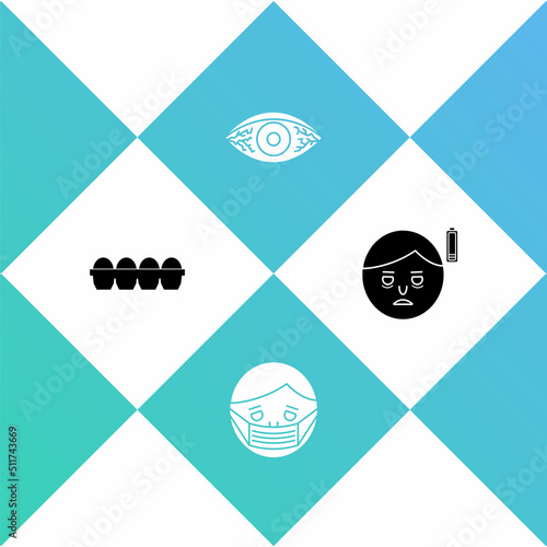 Set Chicken egg in box, Face protective mask, Reddish eye allergic conjunctivitis and Fatigue icon. Vector