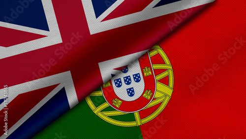 3D Rendering of two flags from United Kingdom or Britain and Portuguese Republic together with fabric texture, bilateral relations, peace and conflict between countries, great for background