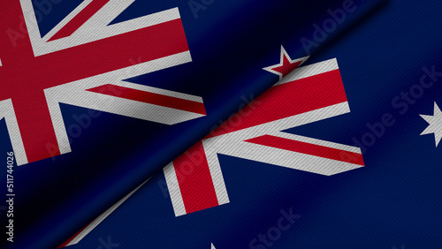 3D Rendering of two flags of New Zealand and Commonwealth of Australia together with fabric texture, bilateral relations, peace and conflict between countries, great for background