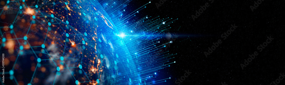 Communication technology for internet business. Global world network and telecommunication on earth cryptocurrency and blockchain and IoT. Elements of this image furnished by NASA