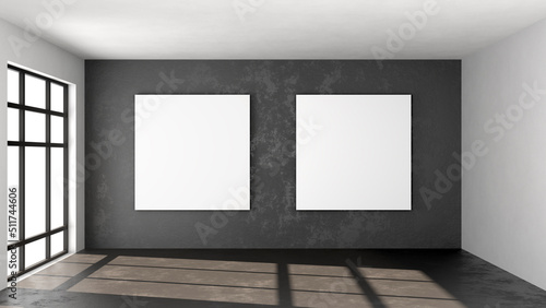 Empty loft room with blank square poster mock up on concrete wall