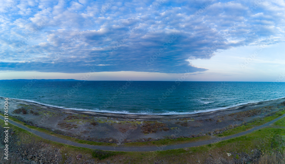Panorama of the view from a height on the coast washed by the Black sky in Bulgaria