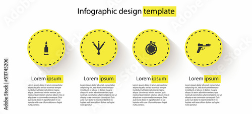 Set Bullet, Bird footprint, Canteen water bottle and Pistol or gun. Business infographic template. Vector
