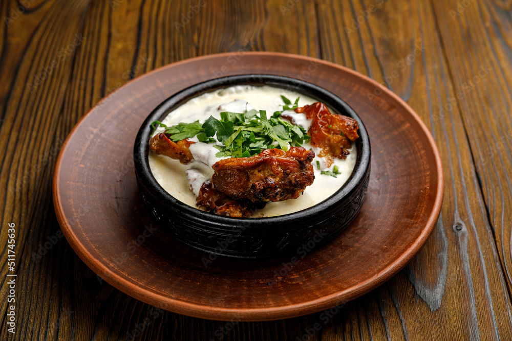 Georgian cuisine. Wonderful dishes on a wooden table

