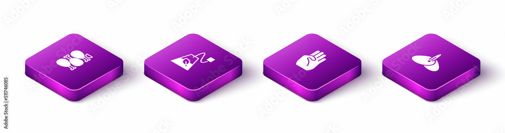 Set Isometric Tandoori chicken, Tea bag, Indian symbol hand and headgear turban icon. Vector Set Isometric Tandoori chicken, Tea bag, Indian symbol hand and headgear turban icon. Vector