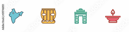 Set India map, Instrument tabla, Gate in Delhi and Aroma lamp icon. Vector
