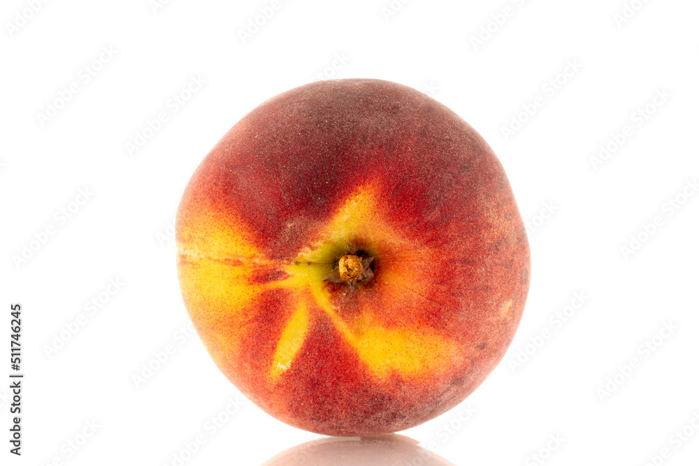 One sweet organic peach, closeup, isolated on white background. One sweet organic peach, closeup, isolated on white background.