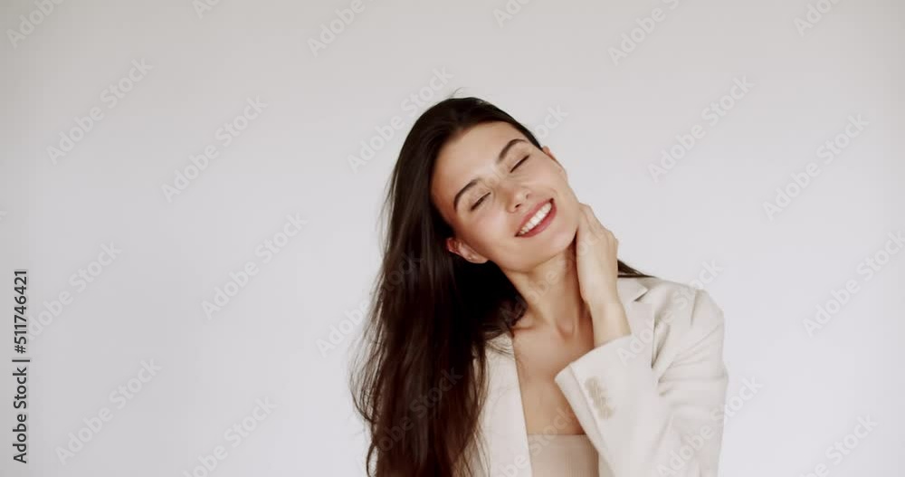 Close Up face of beautiful brunette sexy smiling woman with long hair. Portrait of gorgeous girl looking to camera. Skincare treatment, cosmetics and anti age plastic surgery. Face lifting, cosmetics. Close Up face of beautiful brunette sexy smiling woman with long hair. Portrait of gorgeous girl looking to camera. Skincare treatment, cosmetics and anti age plastic surgery. Face lifting, cosmetics.