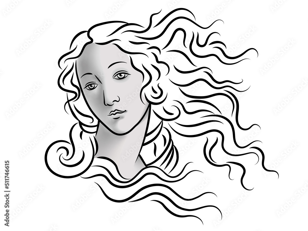 Sandro Botticelli - The Birth of Venus (Nascita di Venere). Simonetta Vespucci. Replica, part, detail, head, hair. Sandro Botticelli - The Birth of Venus (Nascita di Venere). Simonetta Vespucci. Replica, part, detail, head, hair.