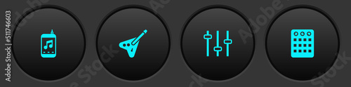 Set Music player, Electric bass guitar, equalizer and Drum machine icon. Vector