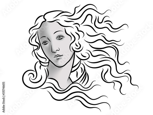 Sandro Botticelli - The Birth of Venus (Nascita di Venere). Simonetta Vespucci. Replica, part, detail, head, hair.