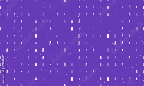 Seamless background pattern of evenly spaced white pants symbols of different sizes and opacity. Vector illustration on deep purple background with stars