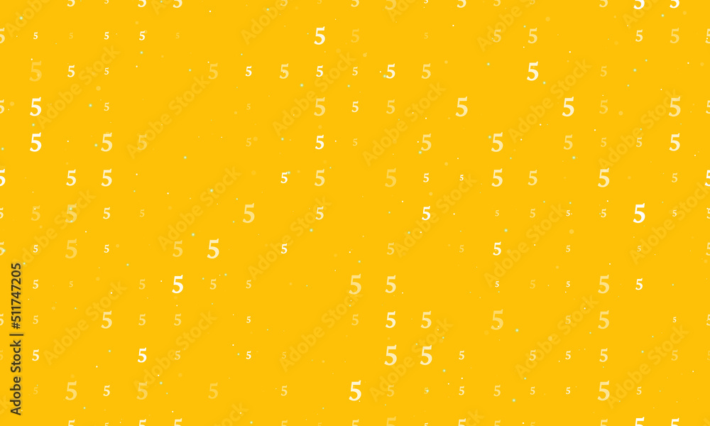 Seamless background pattern of evenly spaced white number five symbols of different sizes and opacity. Vector illustration on amber background with stars Seamless background pattern of evenly spaced white number five symbols of different sizes and opacity. Vector illustration on amber background with stars