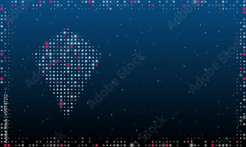 On the left is the kite symbol filled with white dots. Pointillism style. Abstract futuristic frame of dots and circles. Some dots is pink. Vector illustration on blue background with stars