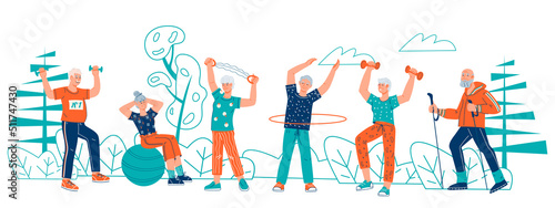 Elderly people exercise outdoors. Senior men and women go in for sports, flat cartoon vector illustration isolated on white background.. Fitness and healthy active lifestyle in old age concept.