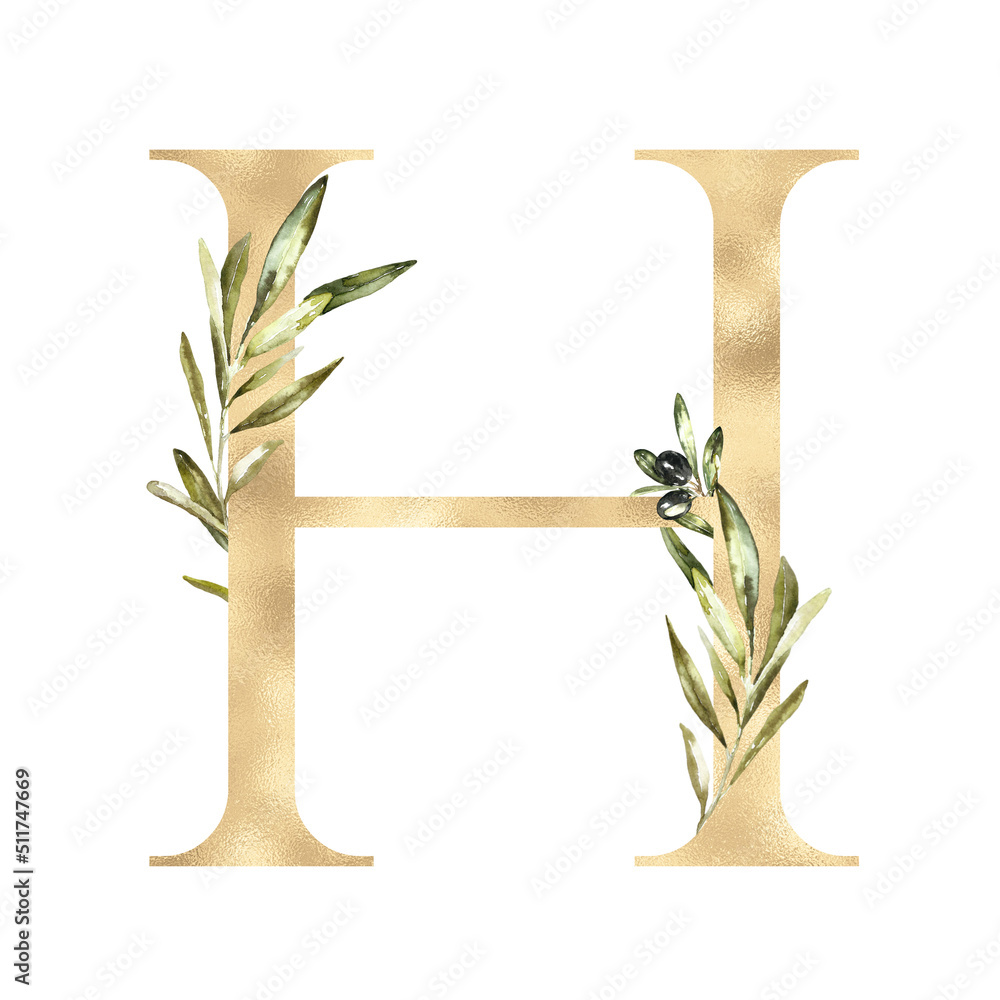 Watercolor Gold Olive Floral Alphabet letter H with flowers. Feminine ...