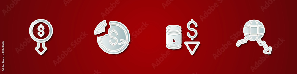 Set Dollar rate decrease, , Drop in crude oil price and Global economic crisis icon. Vector Set Dollar rate decrease, , Drop in crude oil price and Global economic crisis icon. Vector