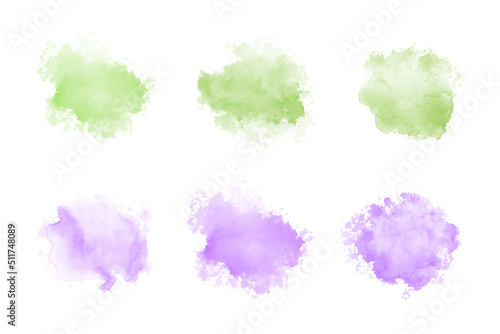 Set of abstract purple and green watercolor water splash. Vector watercolour texture in blue and salad colors. Ink paint brush stain. Purple and green soft light blot. Watercolor violet splash