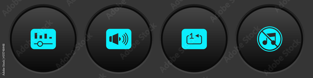 Set Music equalizer, Speaker volume, Repeat track music player and mute icon. Vector