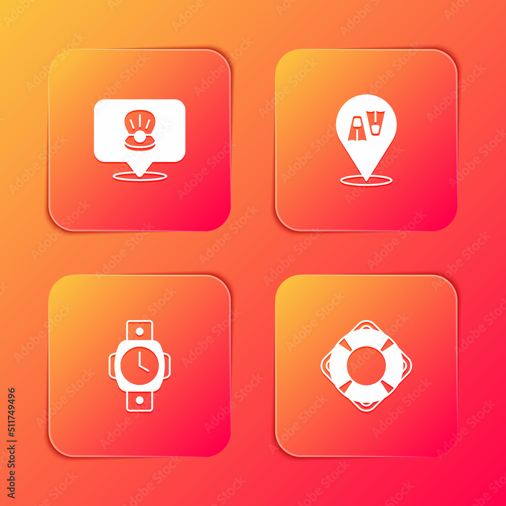 Set Scallop sea shell, Flippers for swimming, Diving watch and Lifebuoy icon. Vector Set Scallop sea shell, Flippers for swimming, Diving watch and Lifebuoy icon. Vector