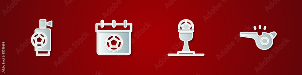 Set Air horn, Football soccer calendar, Award cup and football and Whistle icon. Vector Set Air horn, Football soccer calendar, Award cup and football and Whistle icon. Vector