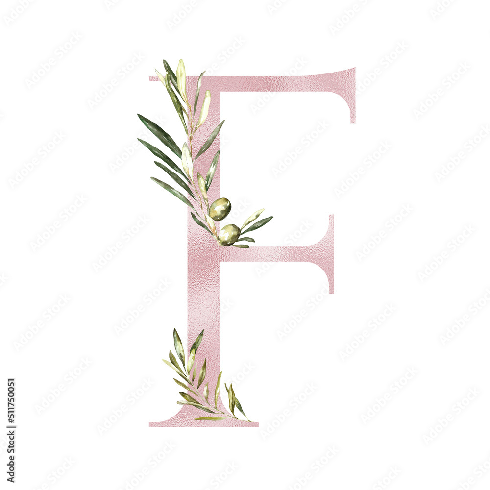 Watercolor Rose Gold Olive Floral Alphabet letter F with flowers ...