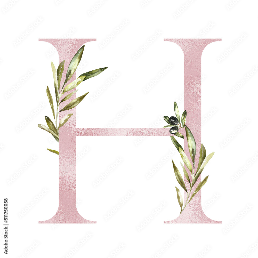Watercolor Rose Gold Olive Floral Alphabet letter H with flowers ...