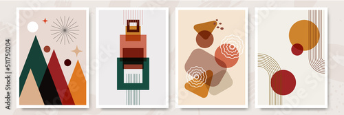 Modern minimalist abstract aesthetic illustrations. Bohemian style wall decor. Collection of contemporary artistic posters with geometric shapes.