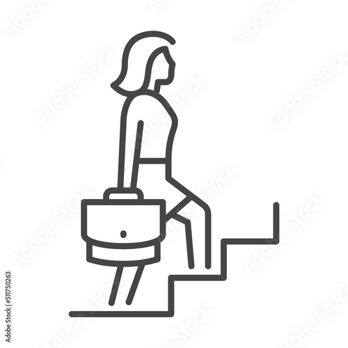 Woman climbing up the stairs. Road to success line concept with businesswoman. Leader outline vector pictogram