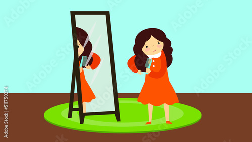 Girl brushing her hair in front of a mirror