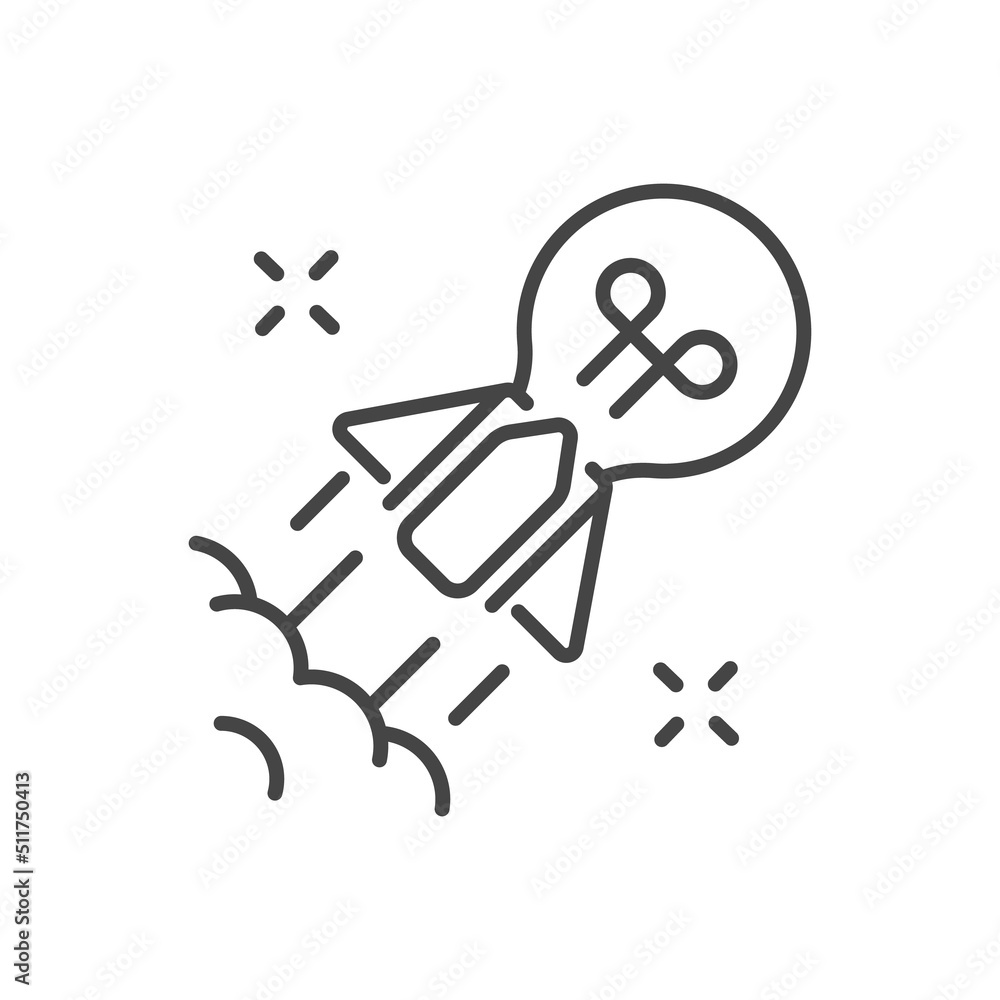 Flying rocket in shape of light bulb showing concept of progress Flying rocket in shape of light bulb showing concept of progress