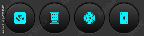 Set Casino slot machine, Lottery ticket, chips and Playing card with diamonds icon. Vector
