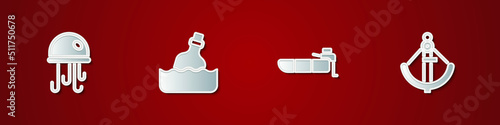 Set Jellyfish, Bottle with message in water, Inflatable boat motor and Anchor icon. Vector