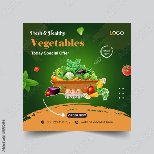 Healthy food fresh and healthy vegetable grocery shop advertising social media post design template