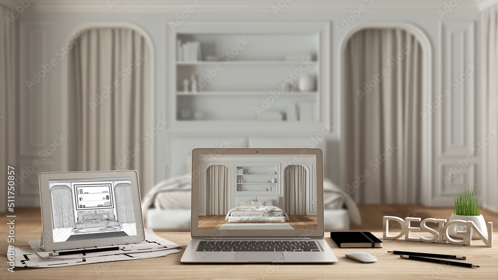 Architect designer desktop concept, laptop and tablet on wooden desk with screen showing interior design project and CAD sketch, blurred draft in the background, classic bedroom