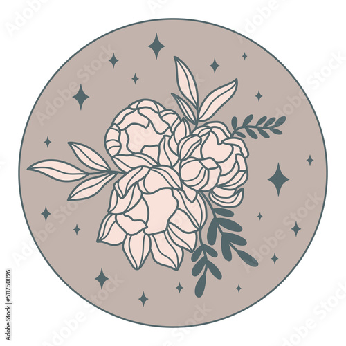 Outline peony flowers boho vector design. Boho mystical wildflowers. Celestial florals and stars