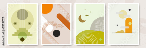 Modern abstract aesthetic set of geometric balance shapes, stairs and plants. Wall decor in boho style. Mid century vector print for cover, wallpaper, card, social media, interior decor