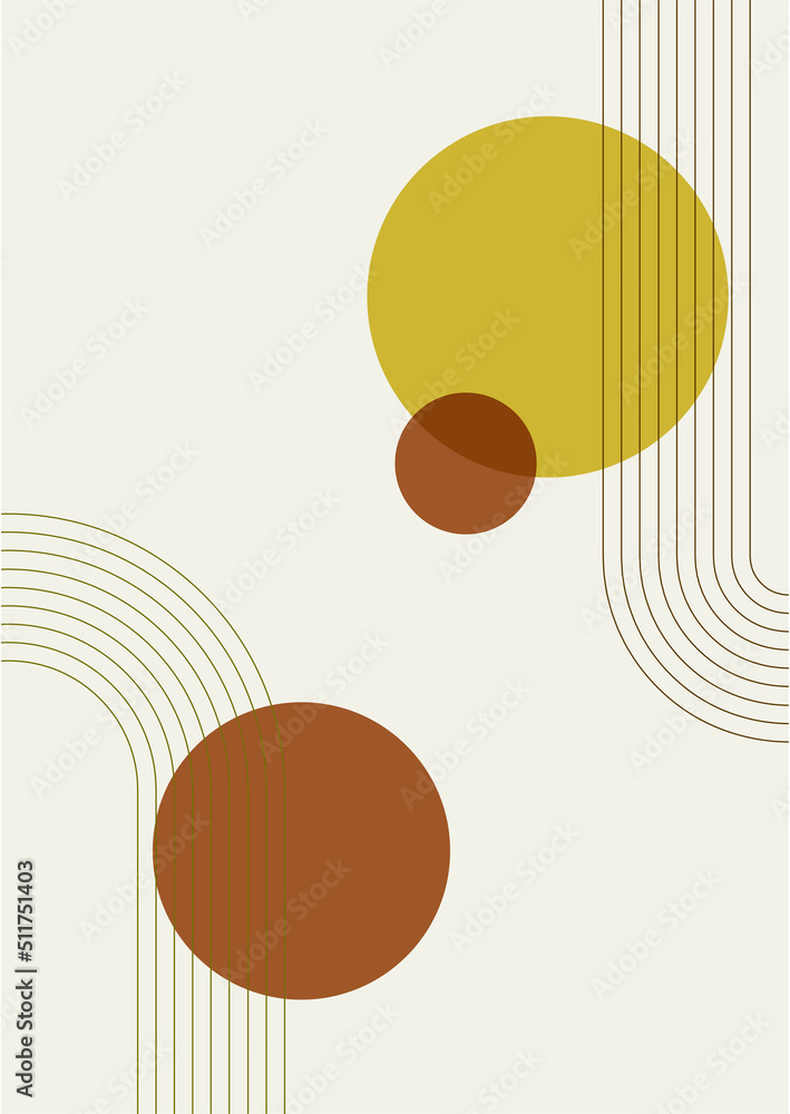 Modern abstract aesthetic set of geometric balance shapes, stairs and plants. Wall decor in boho style. Mid century vector print for cover, wallpaper, card, social media, interior decor