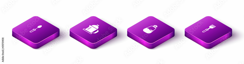 Set Isometric Teaspoon, French press, Salt and Fork icon. Vector Set Isometric Teaspoon, French press, Salt and Fork icon. Vector