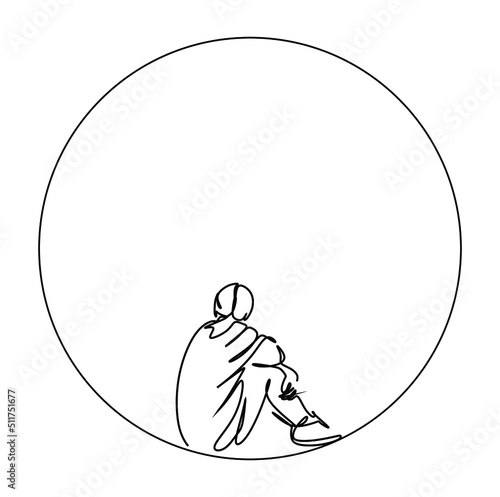 A continuous drawing of a circle and a silhouette of a woman sitting on the floor.  A routine conceptual drawing of loneliness, in the style of minimalism