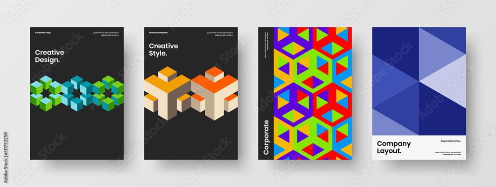 Modern mosaic shapes corporate identity concept set. Colorful company brochure design vector template composition.